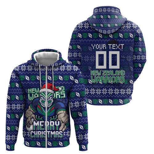 Personalized New Zealand Warriors Christmas Zip Hoodie Maori Rugby Fans - Pixelated Ugly Xmas Pattern Mascot Santa