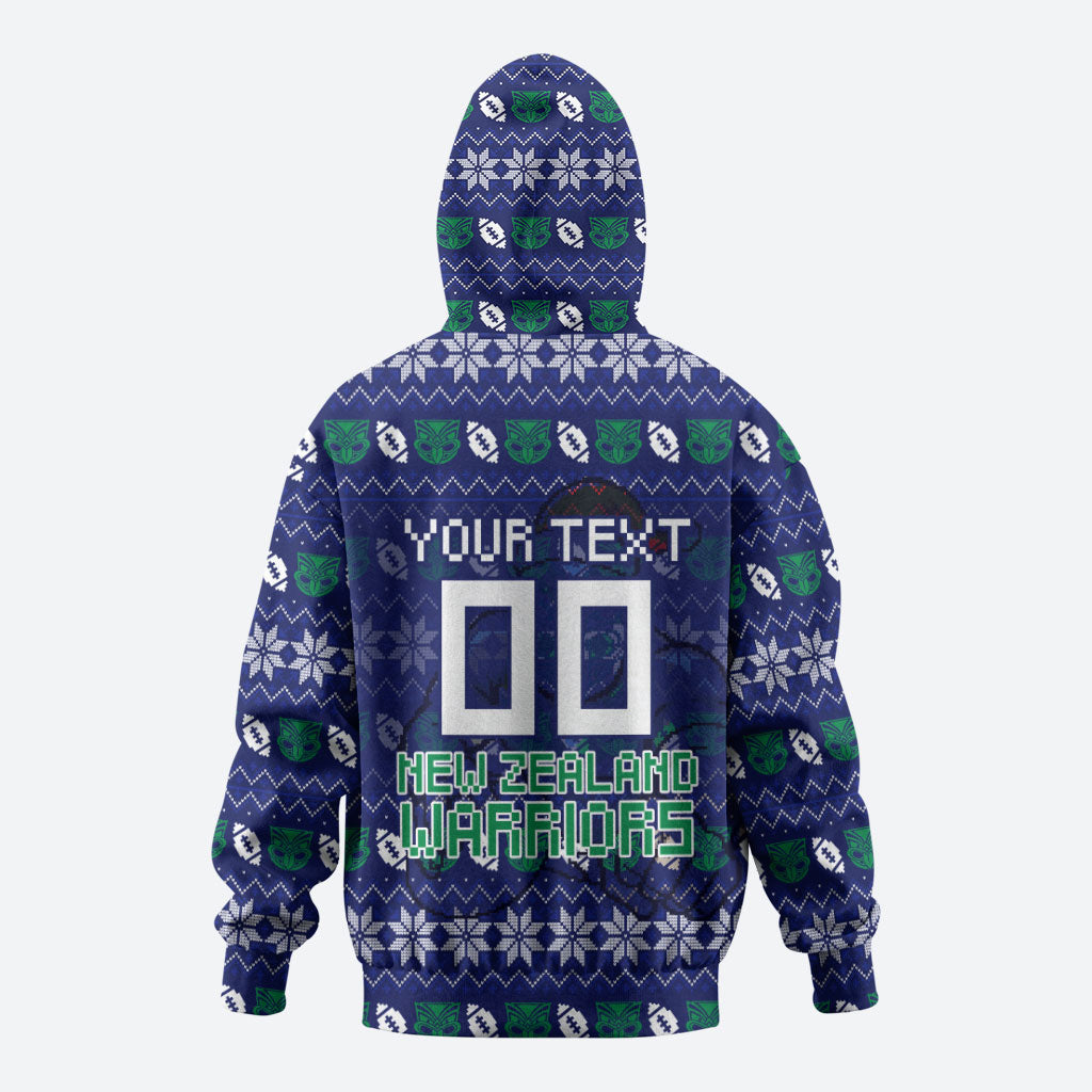 Personalized New Zealand Warriors Christmas Zip Hoodie Maori Rugby Fans - Pixelated Ugly Xmas Pattern Mascot Santa
