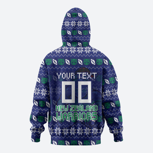 Personalized New Zealand Warriors Christmas Zip Hoodie Maori Rugby Fans - Pixelated Ugly Xmas Pattern Mascot Santa
