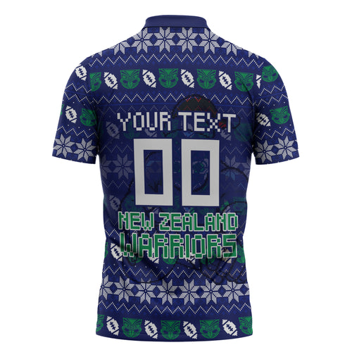 Personalized New Zealand Warriors Christmas Zipper Polo Shirt Maori Rugby Fans - Pixelated Ugly Xmas Pattern Mascot Santa