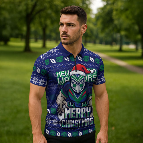 Personalized New Zealand Warriors Christmas Zipper Polo Shirt Maori Rugby Fans - Pixelated Ugly Xmas Pattern Mascot Santa
