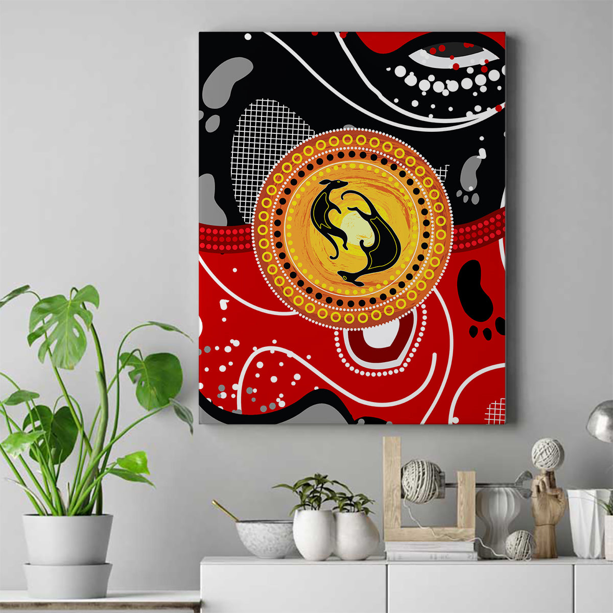 Aboriginal Flag Style Dot Art And Abstract Kangaroo Canvas Wall Art