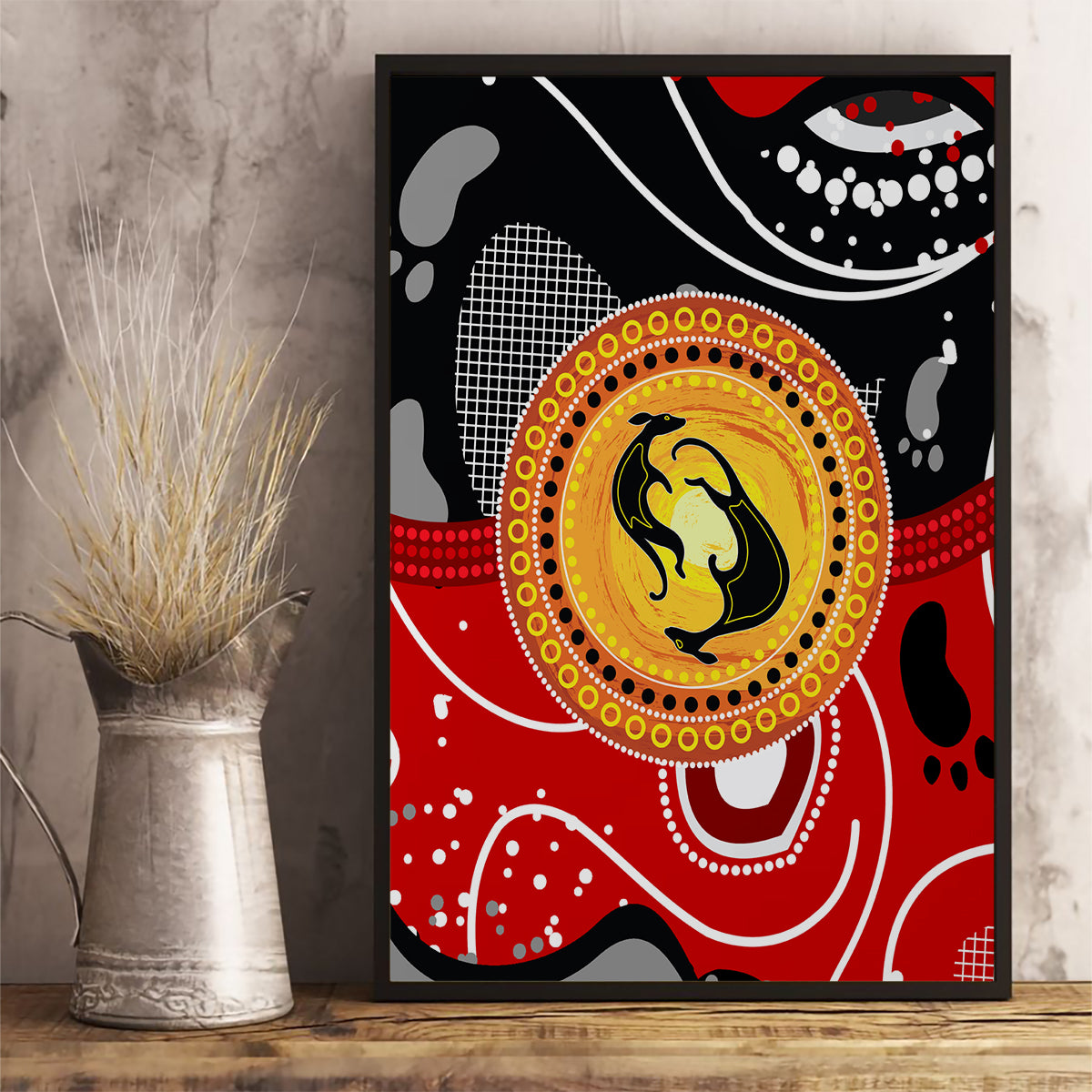 Aboriginal Flag Style Dot Art And Abstract Kangaroo Canvas Wall Art