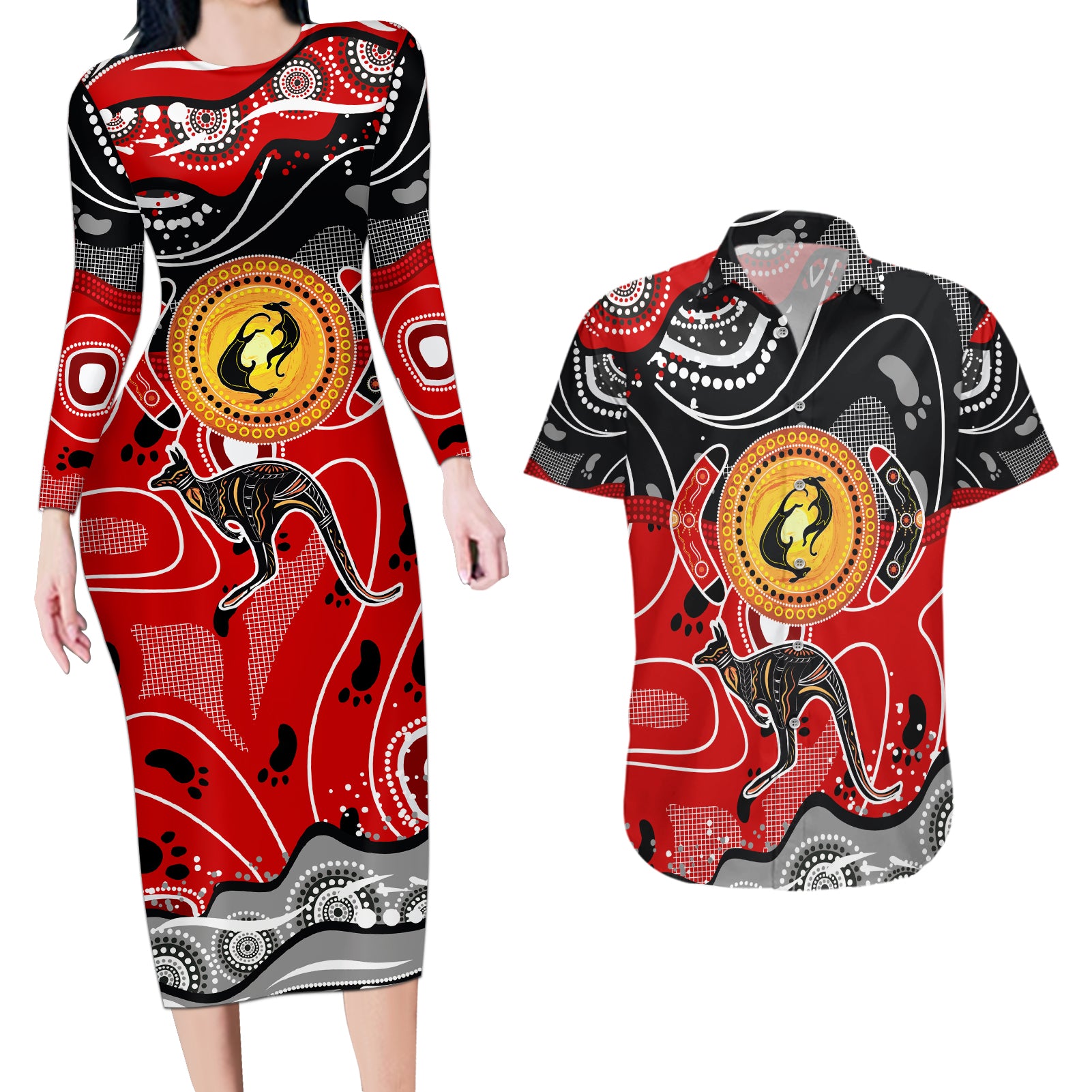 Aboriginal Flag Style Dot Art And Abstract Kangaroo Couples Matching Long Sleeve Bodycon Dress and Hawaiian Shirt
