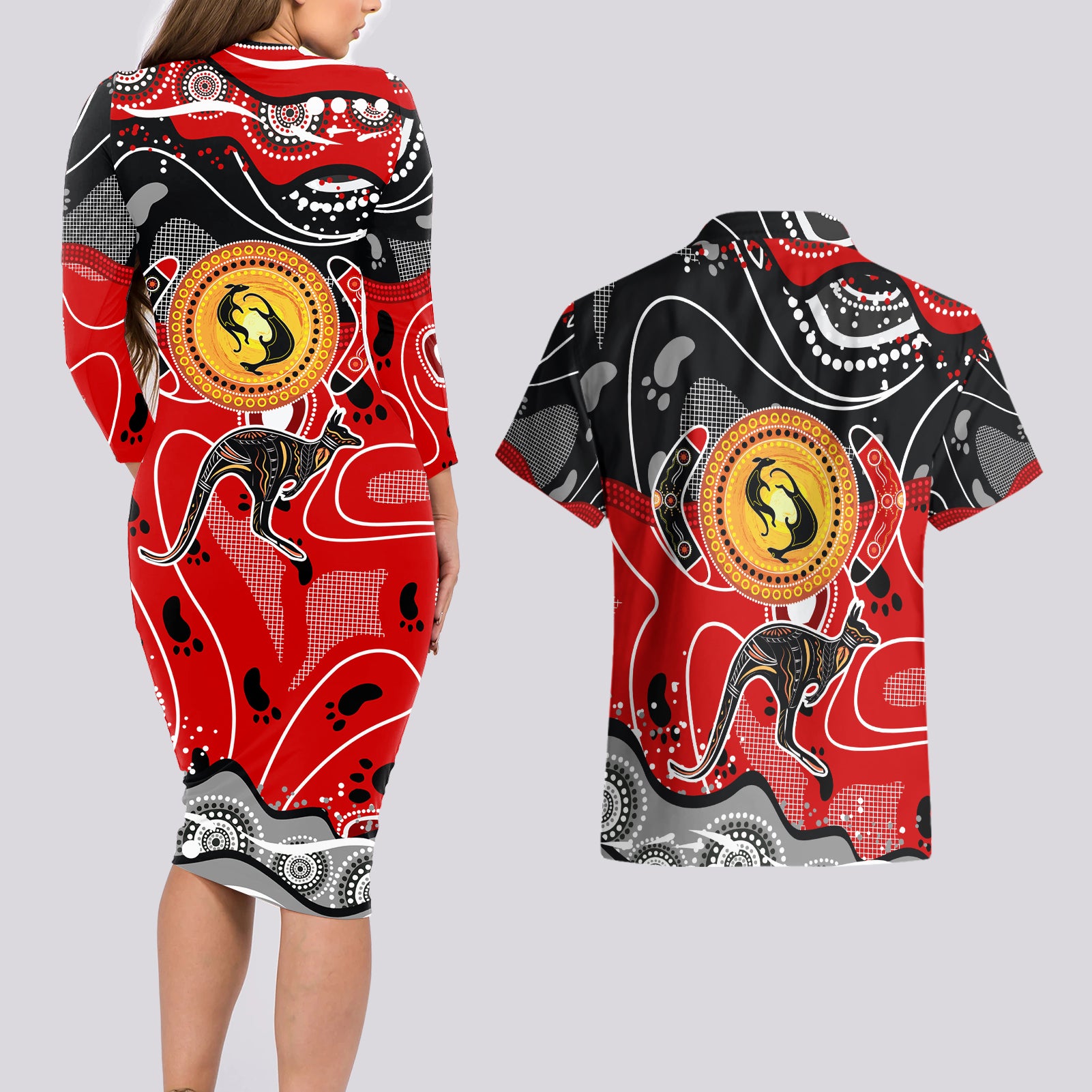 Aboriginal Flag Style Dot Art And Abstract Kangaroo Couples Matching Long Sleeve Bodycon Dress and Hawaiian Shirt