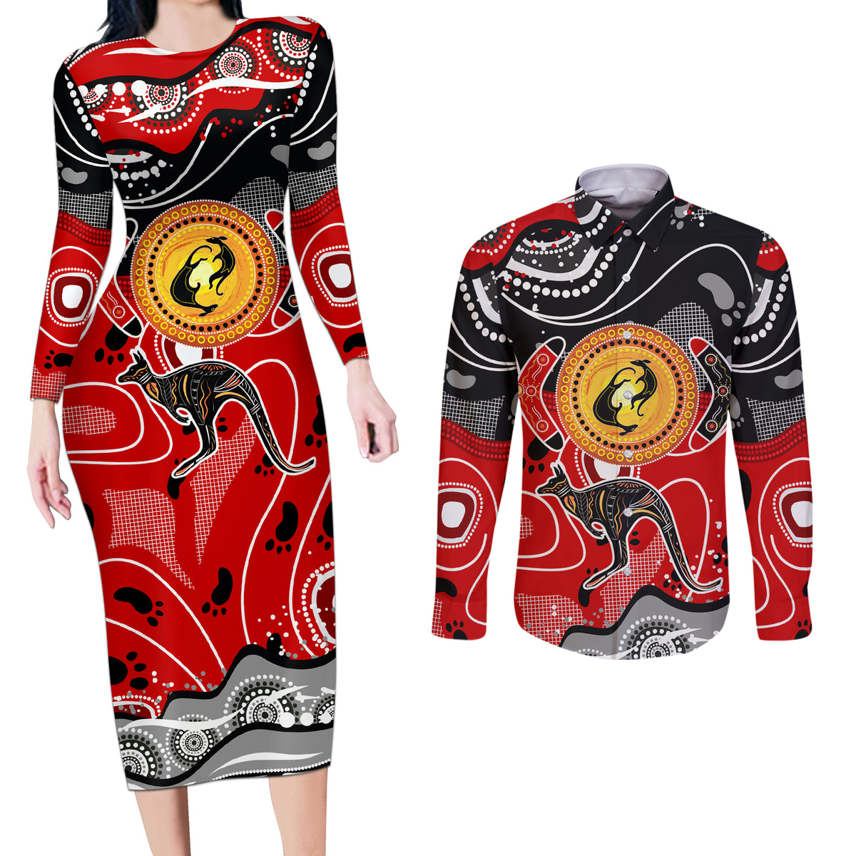 Aboriginal Flag Style Dot Art And Abstract Kangaroo Couples Matching Long Sleeve Bodycon Dress and Long Sleeve Button Shirt