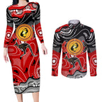 Aboriginal Flag Style Dot Art And Abstract Kangaroo Couples Matching Long Sleeve Bodycon Dress and Long Sleeve Button Shirt