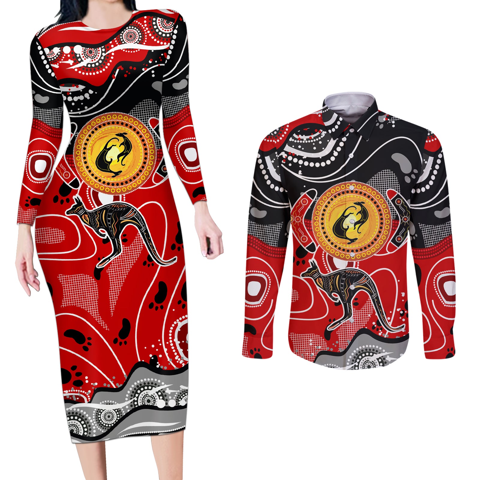 Aboriginal Flag Style Dot Art And Abstract Kangaroo Couples Matching Long Sleeve Bodycon Dress and Long Sleeve Button Shirt