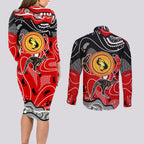 Aboriginal Flag Style Dot Art And Abstract Kangaroo Couples Matching Long Sleeve Bodycon Dress and Long Sleeve Button Shirt