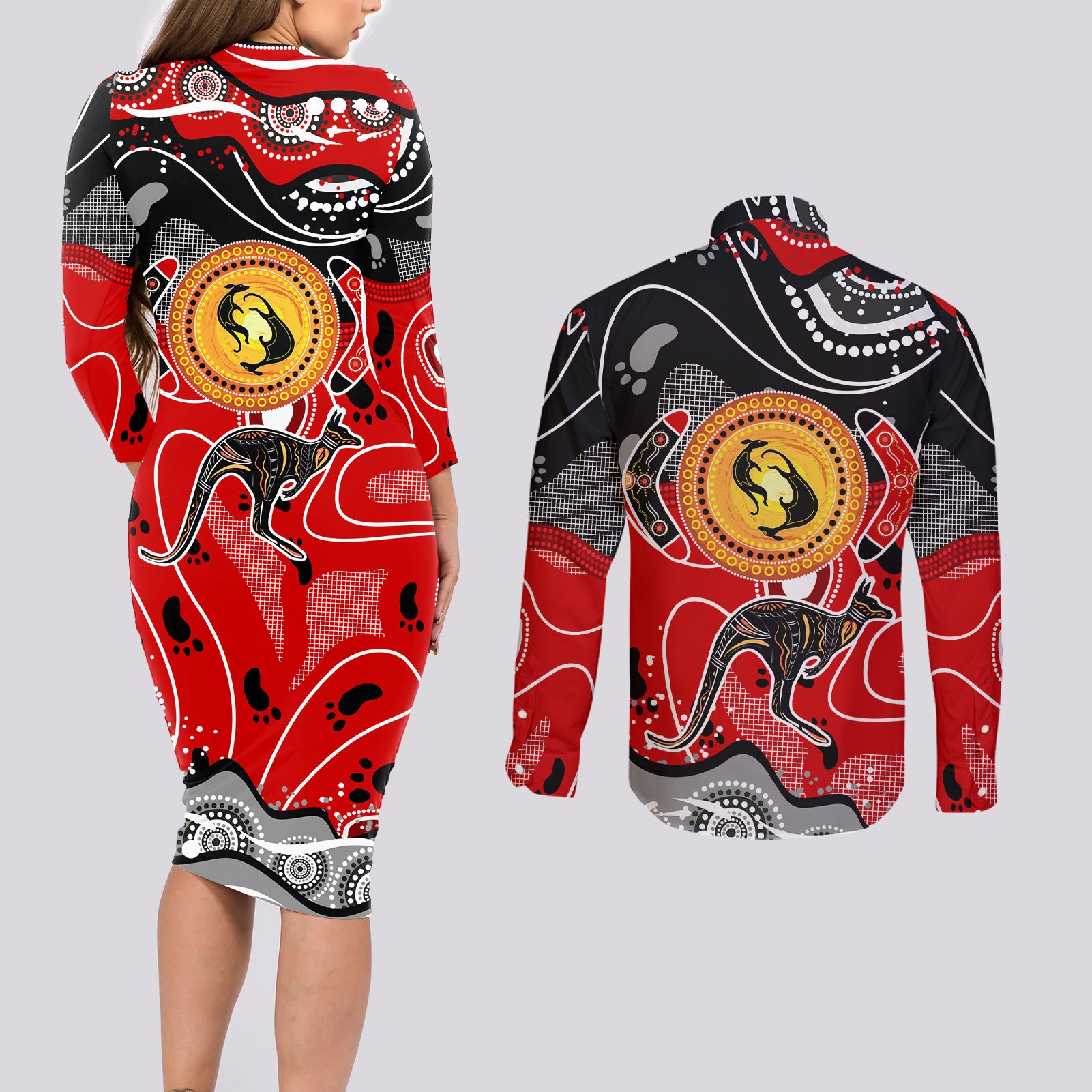 Aboriginal Flag Style Dot Art And Abstract Kangaroo Couples Matching Long Sleeve Bodycon Dress and Long Sleeve Button Shirt