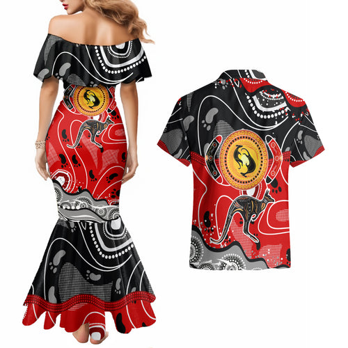 Aboriginal Flag Style Dot Art And Abstract Kangaroo Couples Matching Mermaid Dress and Hawaiian Shirt