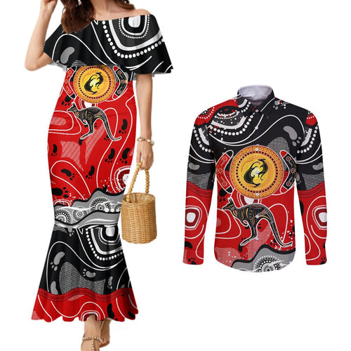 Aboriginal Flag Style Dot Art And Abstract Kangaroo Couples Matching Mermaid Dress and Long Sleeve Button Shirt
