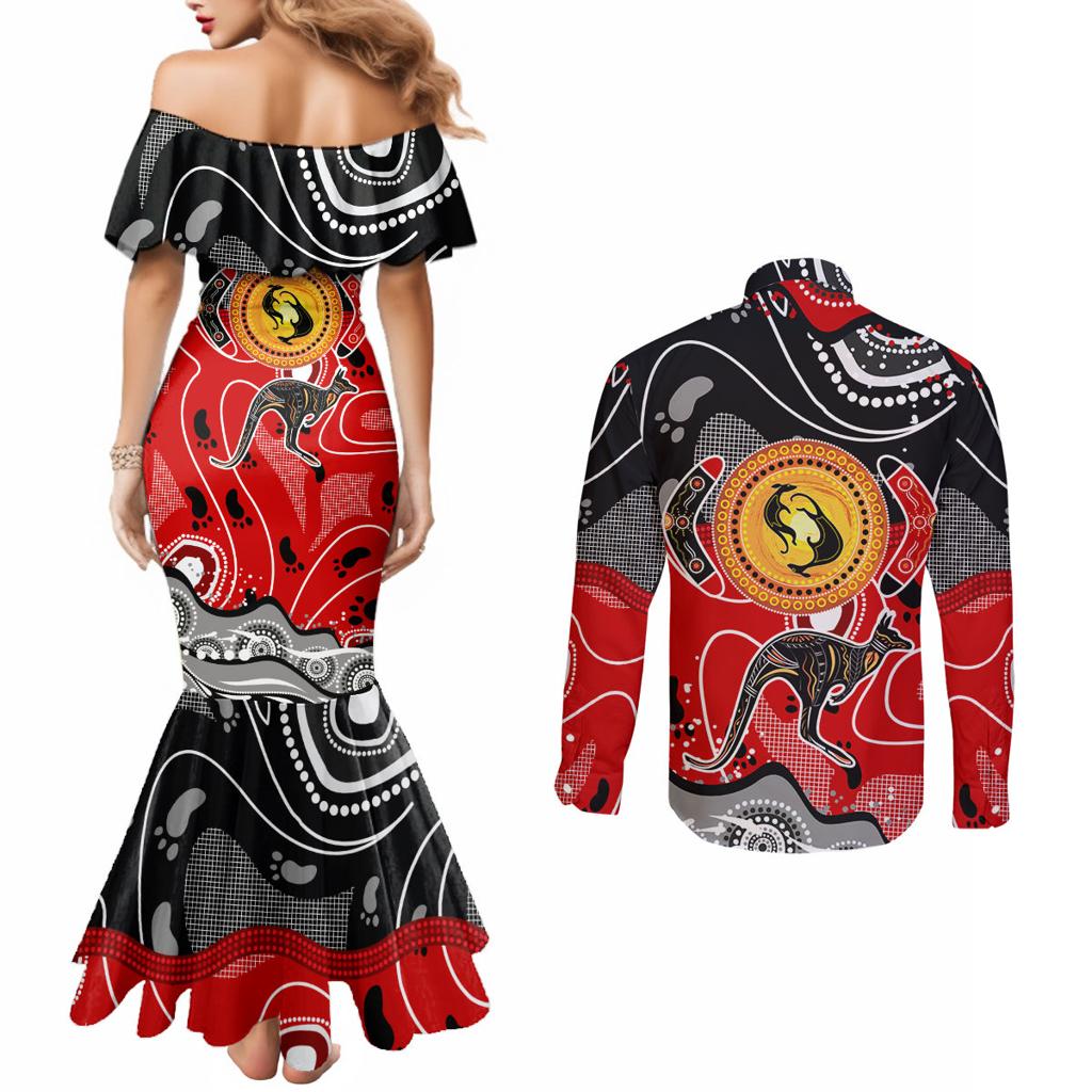 Aboriginal Flag Style Dot Art And Abstract Kangaroo Couples Matching Mermaid Dress and Long Sleeve Button Shirt