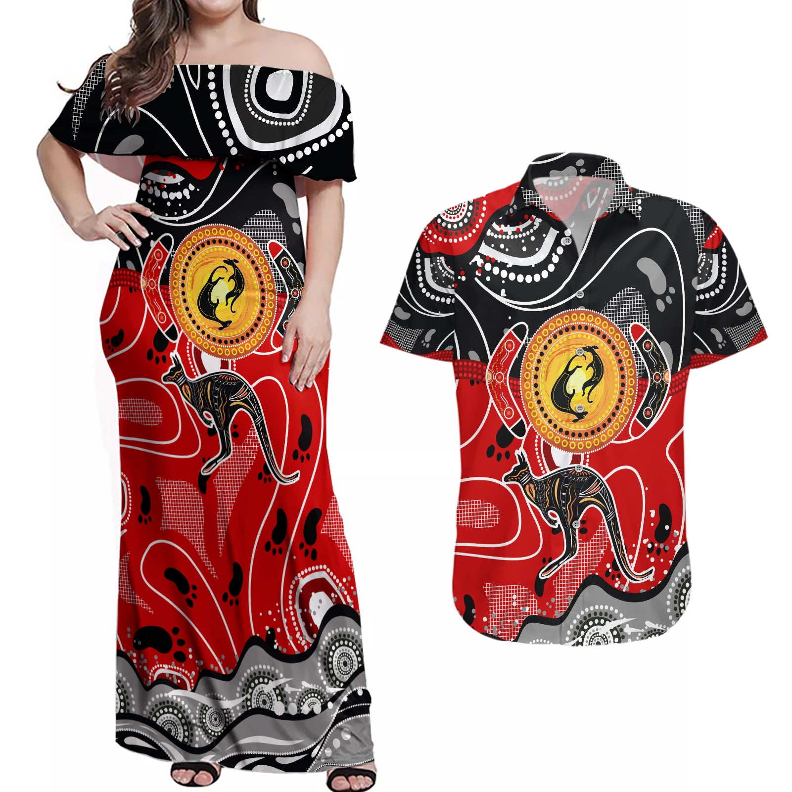 Aboriginal Flag Style Dot Art And Abstract Kangaroo Couples Matching Off Shoulder Maxi Dress and Hawaiian Shirt