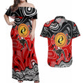 Aboriginal Flag Style Dot Art And Abstract Kangaroo Couples Matching Off Shoulder Maxi Dress and Hawaiian Shirt