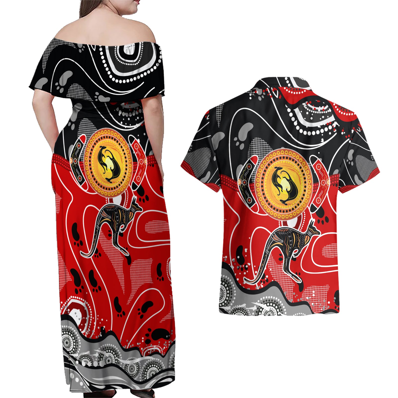Aboriginal Flag Style Dot Art And Abstract Kangaroo Couples Matching Off Shoulder Maxi Dress and Hawaiian Shirt