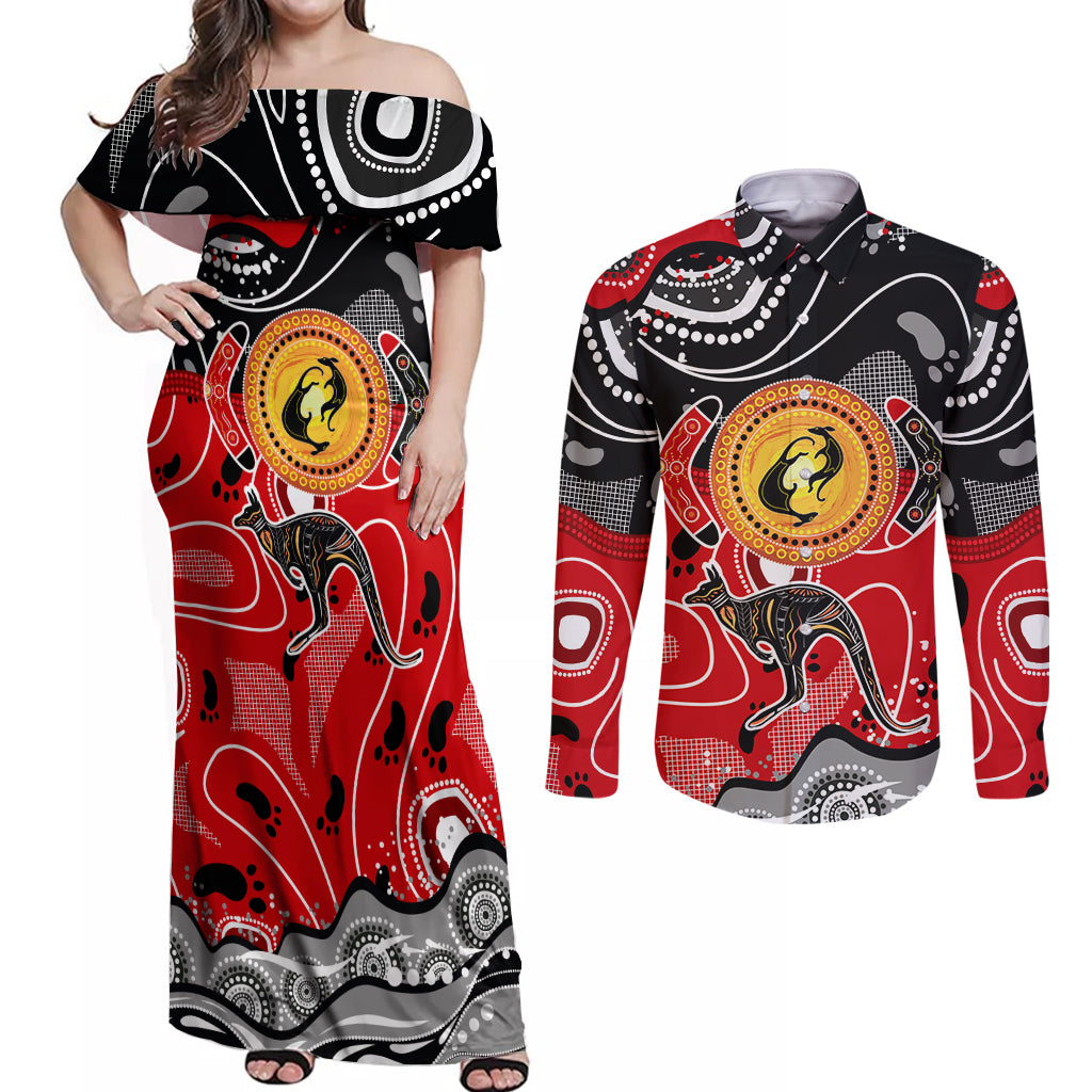 Aboriginal Flag Style Dot Art And Abstract Kangaroo Couples Matching Off Shoulder Maxi Dress and Long Sleeve Button Shirt