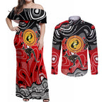 Aboriginal Flag Style Dot Art And Abstract Kangaroo Couples Matching Off Shoulder Maxi Dress and Long Sleeve Button Shirt