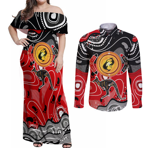 Aboriginal Flag Style Dot Art And Abstract Kangaroo Couples Matching Off Shoulder Maxi Dress and Long Sleeve Button Shirt