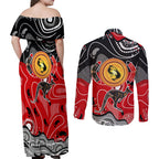 Aboriginal Flag Style Dot Art And Abstract Kangaroo Couples Matching Off Shoulder Maxi Dress and Long Sleeve Button Shirt