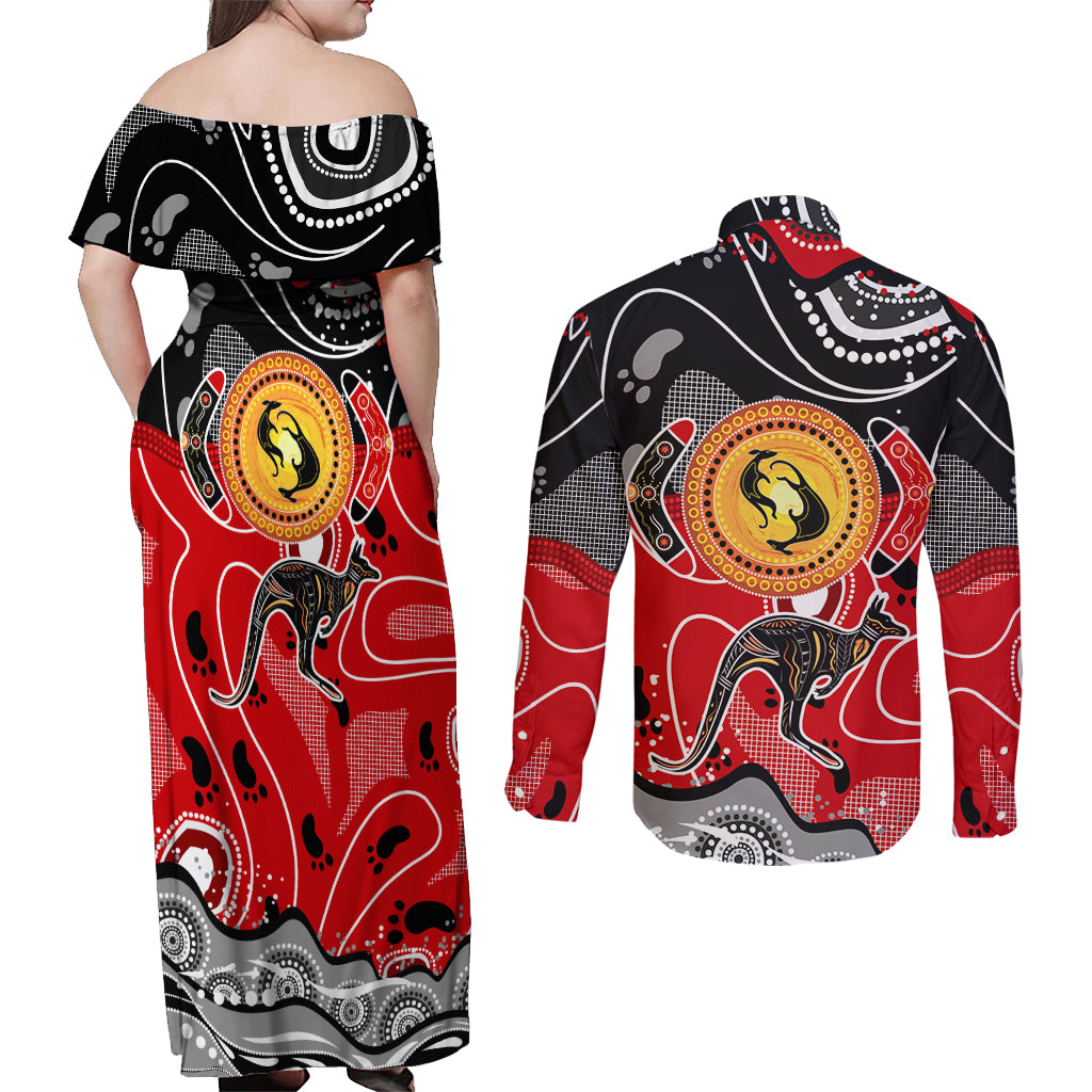 Aboriginal Flag Style Dot Art And Abstract Kangaroo Couples Matching Off Shoulder Maxi Dress and Long Sleeve Button Shirt