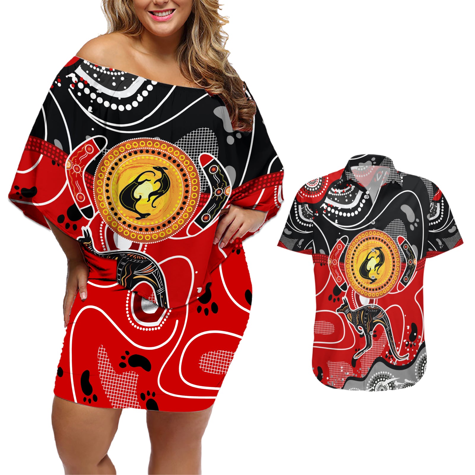 Aboriginal Flag Style Dot Art And Abstract Kangaroo Couples Matching Off Shoulder Short Dress and Hawaiian Shirt