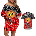 Aboriginal Flag Style Dot Art And Abstract Kangaroo Couples Matching Off Shoulder Short Dress and Hawaiian Shirt
