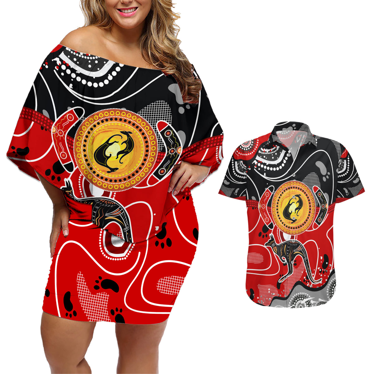 Aboriginal Flag Style Dot Art And Abstract Kangaroo Couples Matching Off Shoulder Short Dress and Hawaiian Shirt