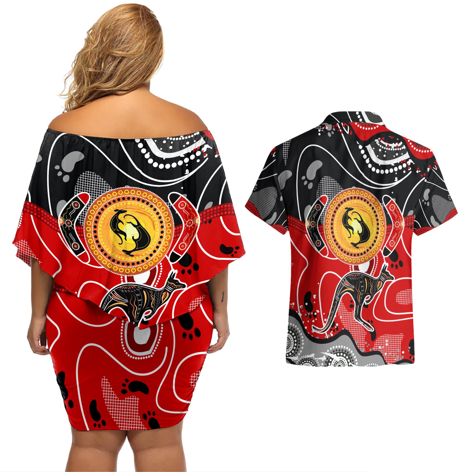 Aboriginal Flag Style Dot Art And Abstract Kangaroo Couples Matching Off Shoulder Short Dress and Hawaiian Shirt