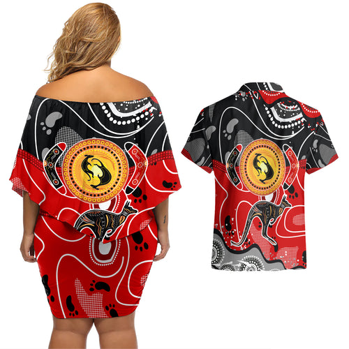 Aboriginal Flag Style Dot Art And Abstract Kangaroo Couples Matching Off Shoulder Short Dress and Hawaiian Shirt