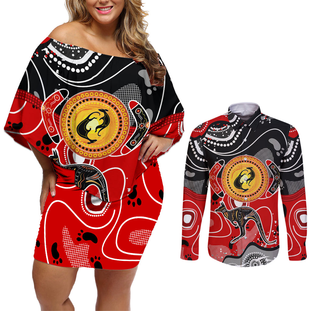 Aboriginal Flag Style Dot Art And Abstract Kangaroo Couples Matching Off Shoulder Short Dress and Long Sleeve Button Shirt