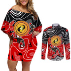 Aboriginal Flag Style Dot Art And Abstract Kangaroo Couples Matching Off Shoulder Short Dress and Long Sleeve Button Shirt
