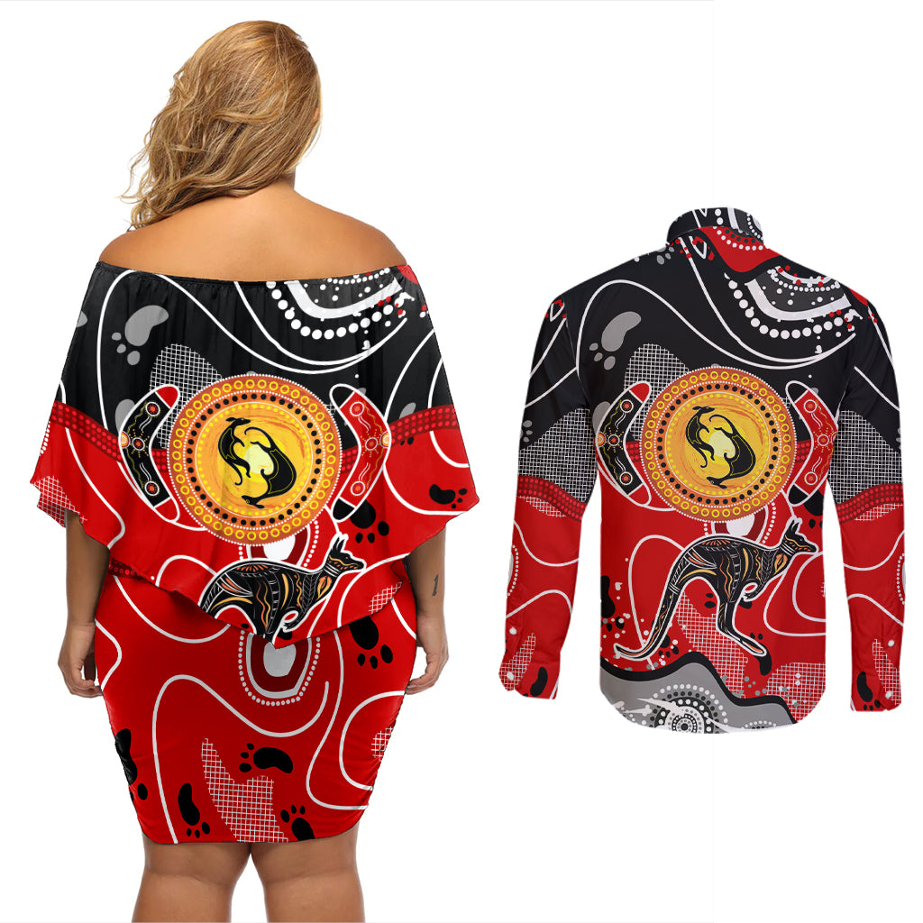 Aboriginal Flag Style Dot Art And Abstract Kangaroo Couples Matching Off Shoulder Short Dress and Long Sleeve Button Shirt