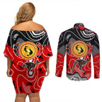 Aboriginal Flag Style Dot Art And Abstract Kangaroo Couples Matching Off Shoulder Short Dress and Long Sleeve Button Shirt