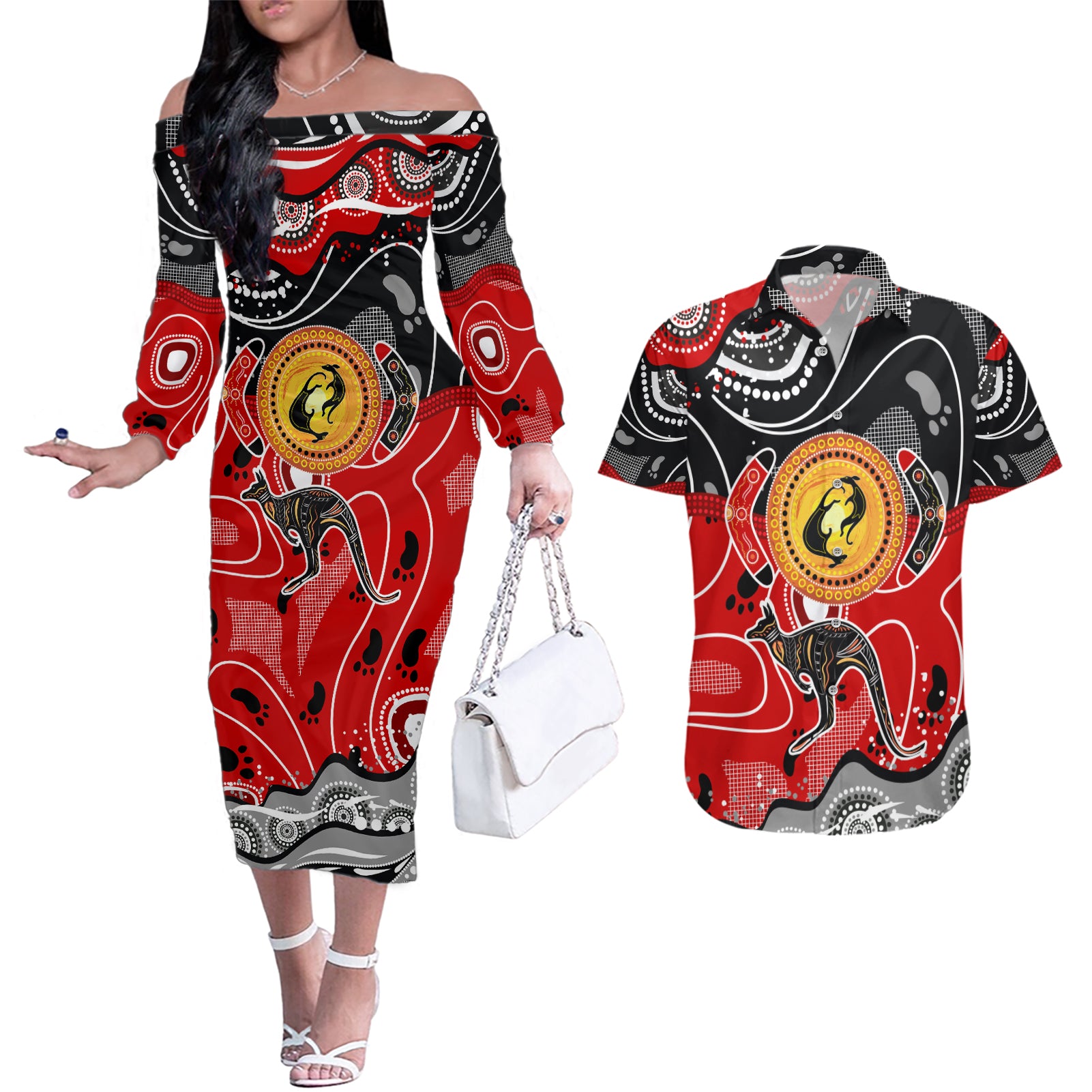 Aboriginal Flag Style Dot Art And Abstract Kangaroo Couples Matching Off The Shoulder Long Sleeve Dress and Hawaiian Shirt