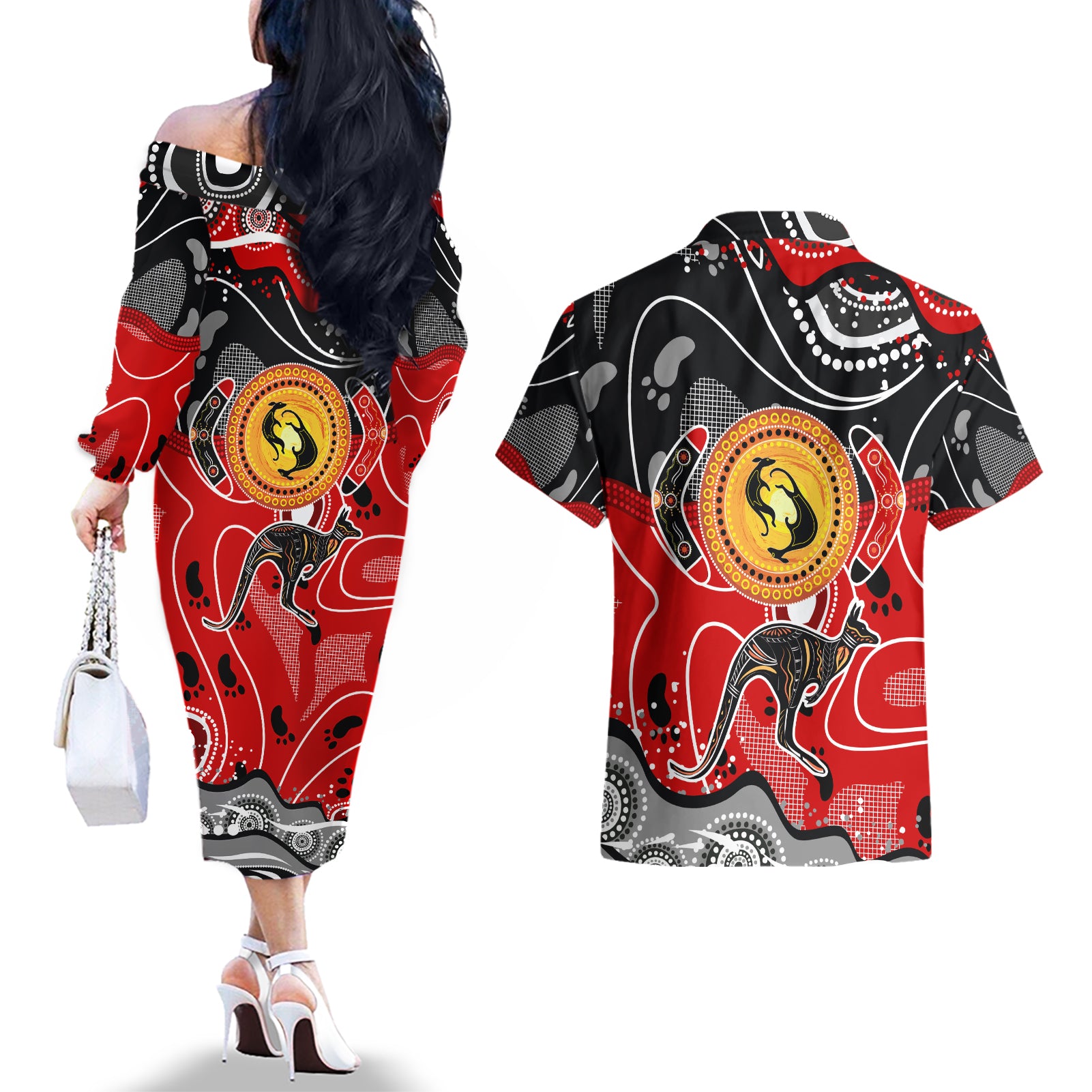 Aboriginal Flag Style Dot Art And Abstract Kangaroo Couples Matching Off The Shoulder Long Sleeve Dress and Hawaiian Shirt