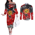 Aboriginal Flag Style Dot Art And Abstract Kangaroo Couples Matching Off The Shoulder Long Sleeve Dress and Long Sleeve Button Shirt