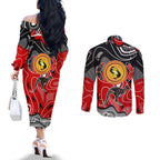 Aboriginal Flag Style Dot Art And Abstract Kangaroo Couples Matching Off The Shoulder Long Sleeve Dress and Long Sleeve Button Shirt