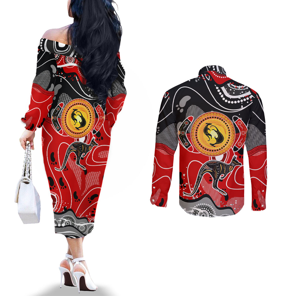 Aboriginal Flag Style Dot Art And Abstract Kangaroo Couples Matching Off The Shoulder Long Sleeve Dress and Long Sleeve Button Shirt