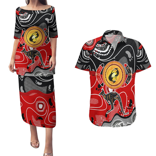 Aboriginal Flag Style Dot Art And Abstract Kangaroo Couples Matching Puletasi and Hawaiian Shirt