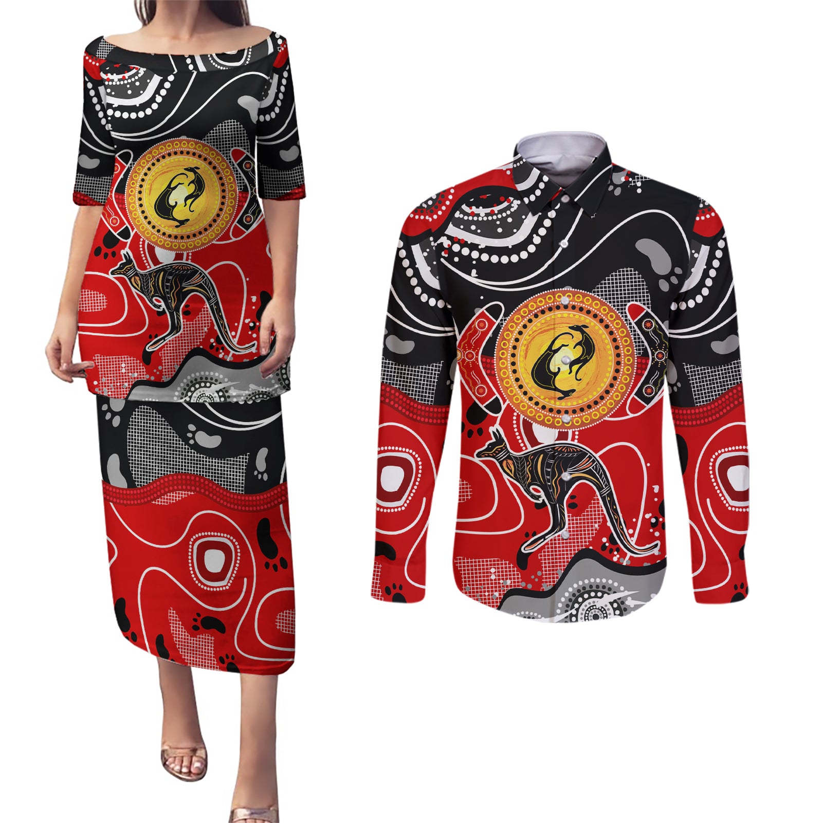 Aboriginal Flag Style Dot Art And Abstract Kangaroo Couples Matching Puletasi and Long Sleeve Button Shirt