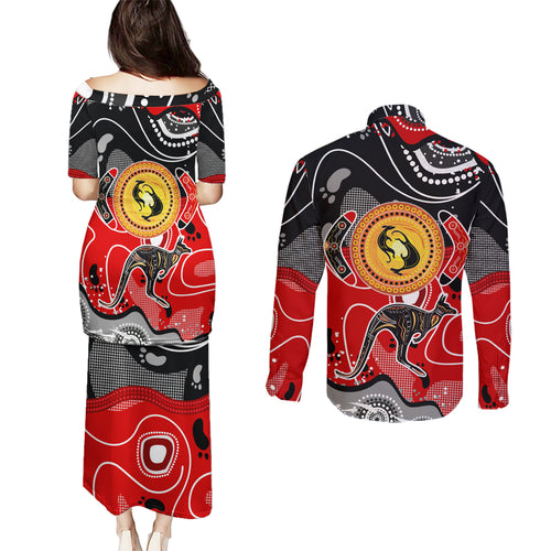 Aboriginal Flag Style Dot Art And Abstract Kangaroo Couples Matching Puletasi and Long Sleeve Button Shirt