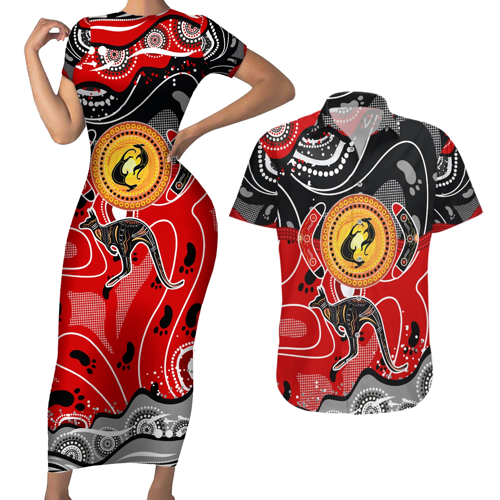 Aboriginal Flag Style Dot Art And Abstract Kangaroo Couples Matching Short Sleeve Bodycon Dress and Hawaiian Shirt