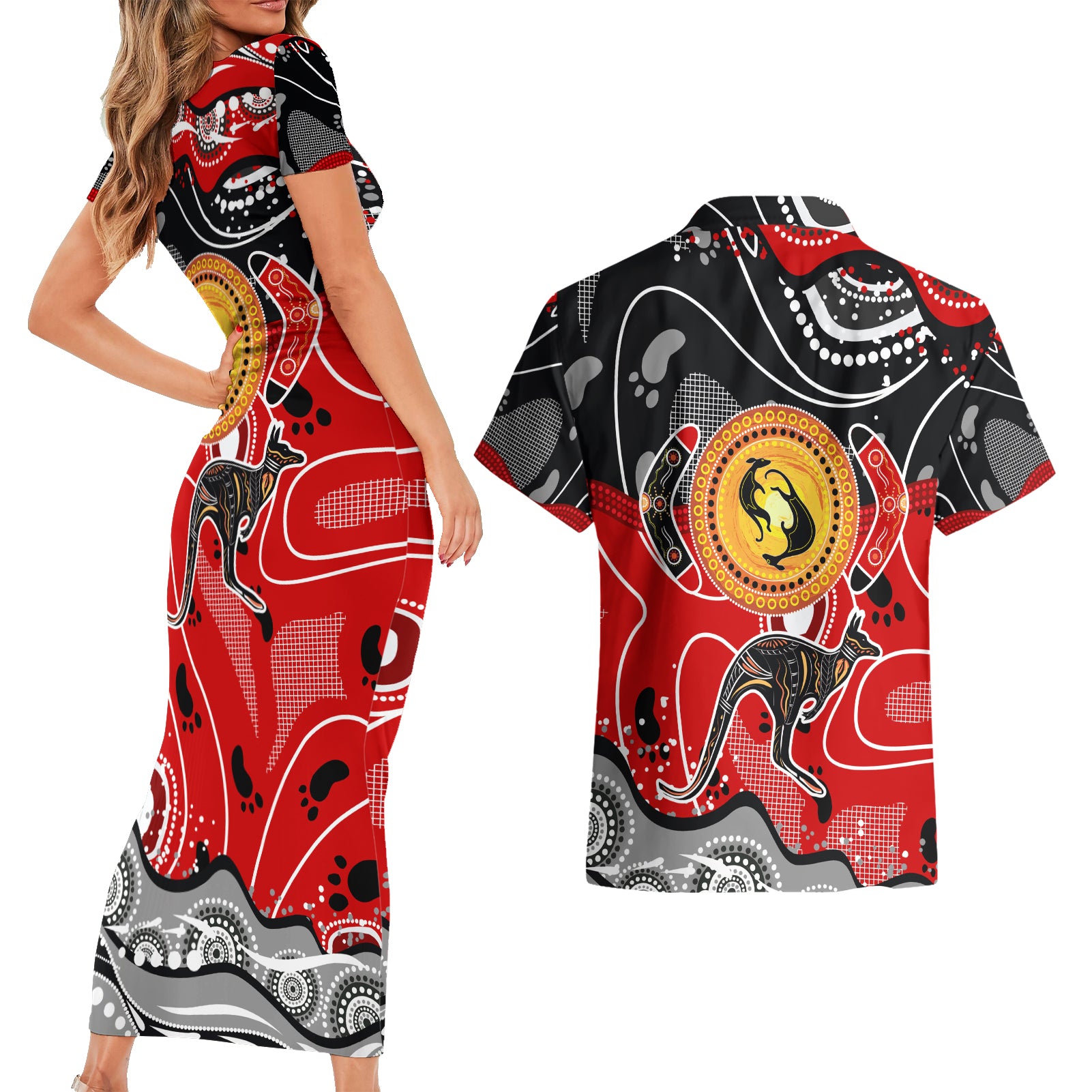 Aboriginal Flag Style Dot Art And Abstract Kangaroo Couples Matching Short Sleeve Bodycon Dress and Hawaiian Shirt