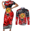 Aboriginal Flag Style Dot Art And Abstract Kangaroo Couples Matching Short Sleeve Bodycon Dress and Long Sleeve Button Shirt