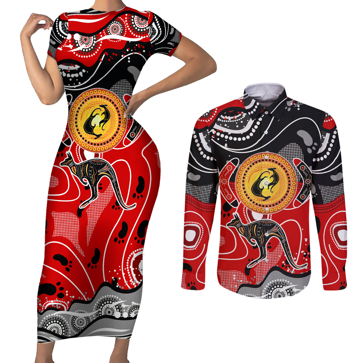 Aboriginal Flag Style Dot Art And Abstract Kangaroo Couples Matching Short Sleeve Bodycon Dress and Long Sleeve Button Shirt