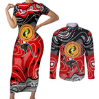 Aboriginal Flag Style Dot Art And Abstract Kangaroo Couples Matching Short Sleeve Bodycon Dress and Long Sleeve Button Shirt