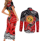 Aboriginal Flag Style Dot Art And Abstract Kangaroo Couples Matching Short Sleeve Bodycon Dress and Long Sleeve Button Shirt