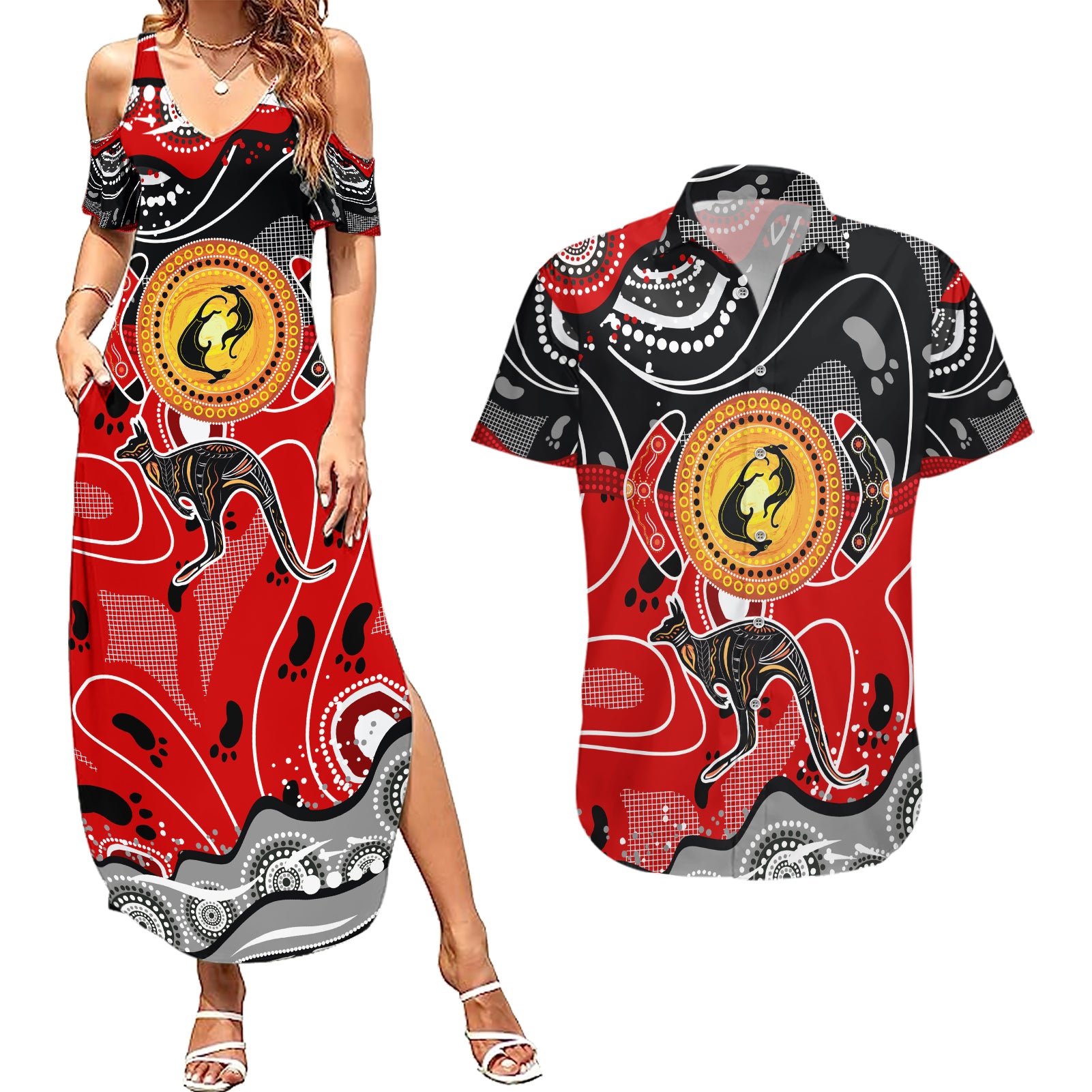 Aboriginal Flag Style Dot Art And Abstract Kangaroo Couples Matching Summer Maxi Dress and Hawaiian Shirt