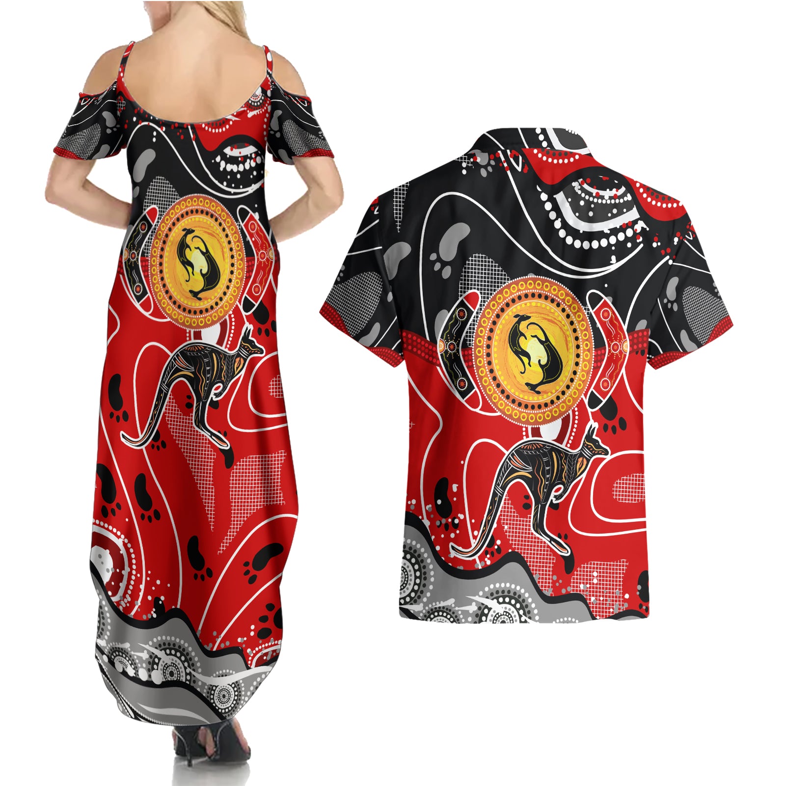 Aboriginal Flag Style Dot Art And Abstract Kangaroo Couples Matching Summer Maxi Dress and Hawaiian Shirt